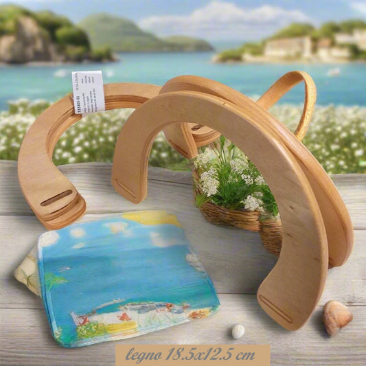 coppia manici legno forma mezzaluna maniglie per borsette accessori fai da te uso chiusure borse uncinetto artigianali fatte a mano con fettuccia cordini thai cordoncini macramè rafia tessuto feltro velluto