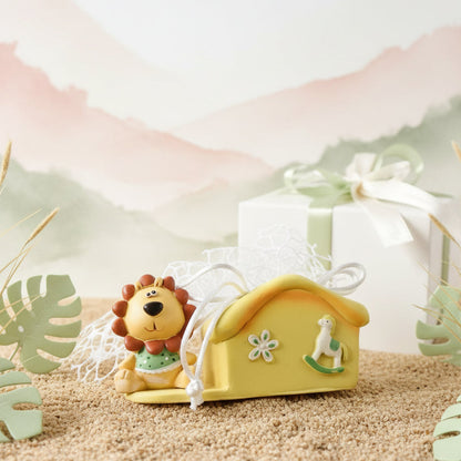 giungla savana allestimento per battesimo nascita babyshower bimbo o bimba casetta leoncino portaconfetti scatola confezionata nastrini pastello