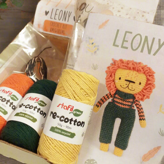 giallo arancione verde scuro re-cotton green stafil riciclato 50 g 90 metri cofanetto crochet kit leony amigurumi uncinetto bambola pupazzo leone