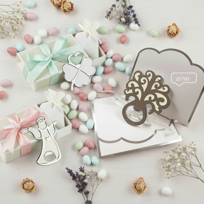 vendita offerta negozio online stock bomboniere matrimonio apribottiglie cavatappi albero della vita bianco con bustina confezionato confetti Prima Comunione Cresima maschietto bambino packaging quadrifoglio e levatappi angioletto shabby angelo custode