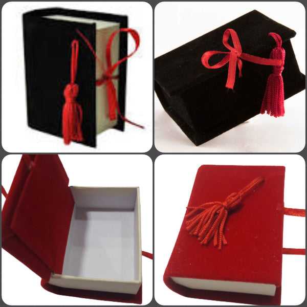 scatoline portaconfetti laurea bomboniere velluto colore rosso nero nappina rossa forma libro rivestito per packaging confezionamento confetti