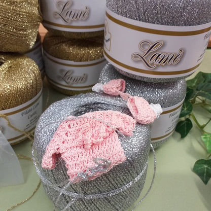 filato metallizzato cordino oro lurex lamé dorato per lavori uncinetto maglia filo addobbi albero Natale, idea maglietta miniatura cotone natalizio punto catenella argento