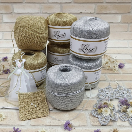 dorato catenella argentato filato metallizzato laminato cordino lurex lamé oro argento uso lavori uncinetto maglia filo addobbi albero Natale bomboniere rivestire gambo fiori stoffa