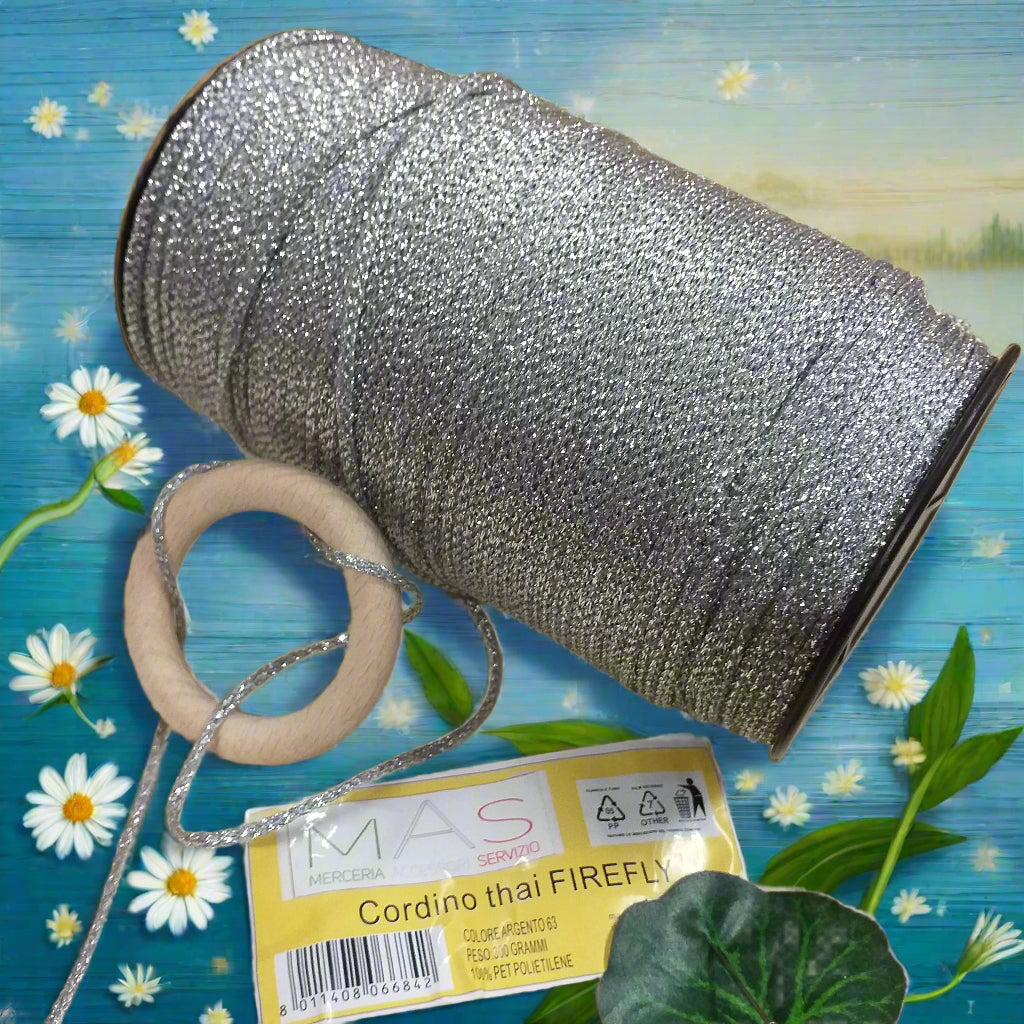argento colore 63 firefly Mas tripolino thai cordino lurex brillantinato lamè per bijoux borse uncinetto progetti amigurumi crochet cordoncino Natale bags luccicanti dorate clutch pochette sera cerimonia