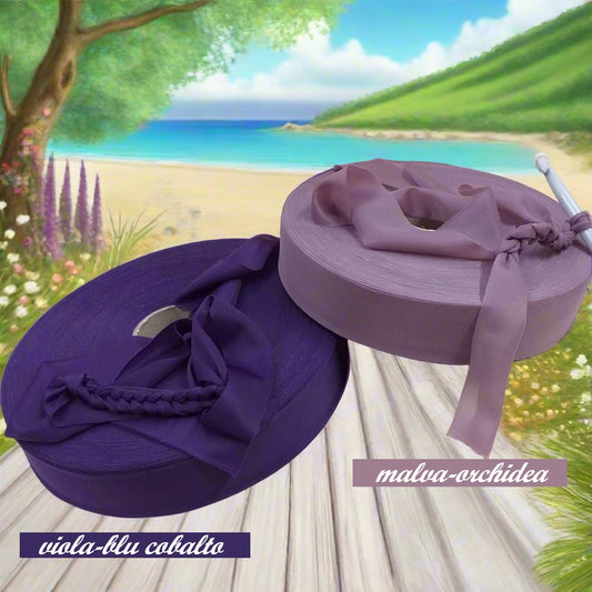 viola blu cobalto malva orchidea pastello estate 2025 4 cm pizza di lycra piatta alta larga filato uncinetto elastane elasticizzato per creazioni borse fettuccia crochet clutch bags pochette borsine shopper sacca mare spiaggia abbigliamento cestini tappeti cuscini