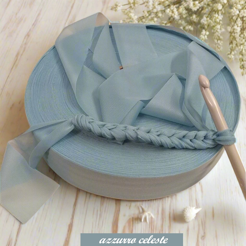 shop crochet azzurro celeste chiaro offerta vendita fettuccia stafil maglina jersey poliammide lycra soft-elastica colori estivi 2025 alta pizza larga piatta 4 cm uso borse uncinetto clutch bags  amigurumi cestini abbigliamento moda mare