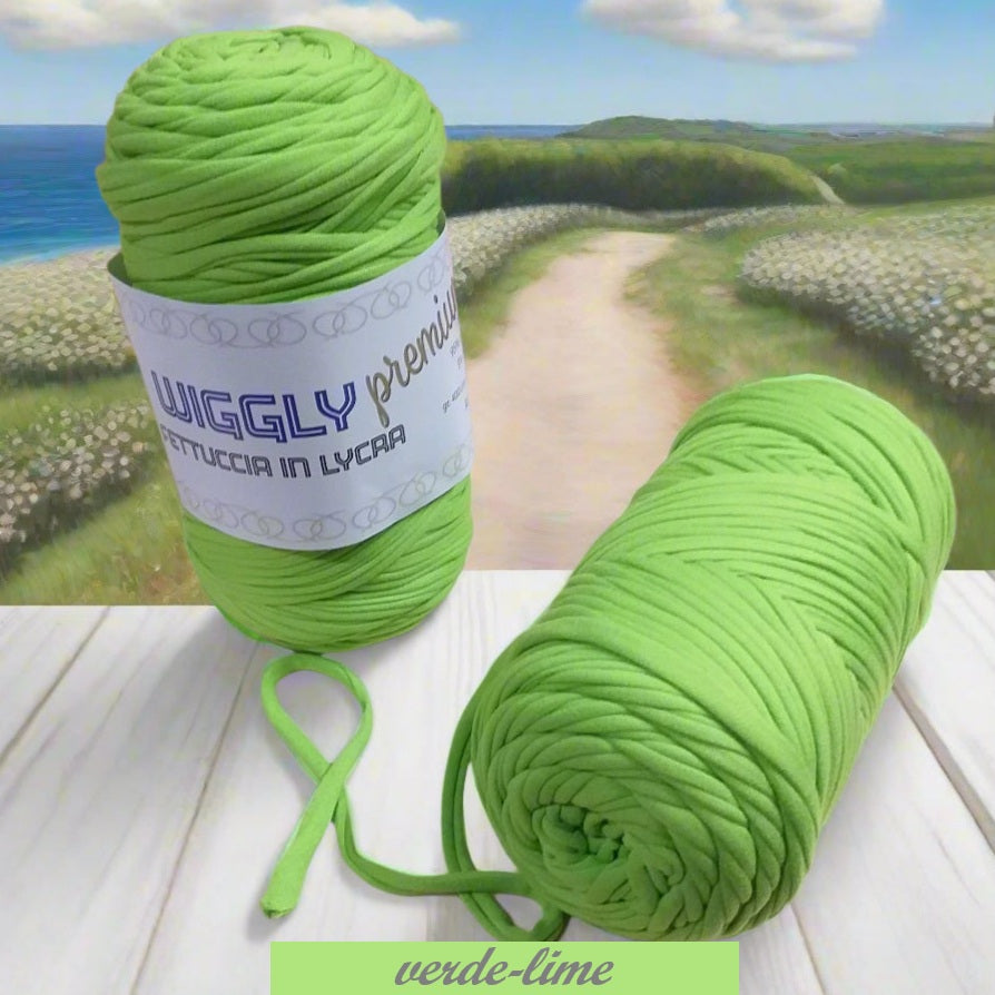 verde lime shop lycra soft fettuccia borse uncinetto produttore Cucirini Tre Stelle Wiggly Premium poliestere con elastane morbida uso crochet pochette clutch bags abbigliamento moda shopper cestini