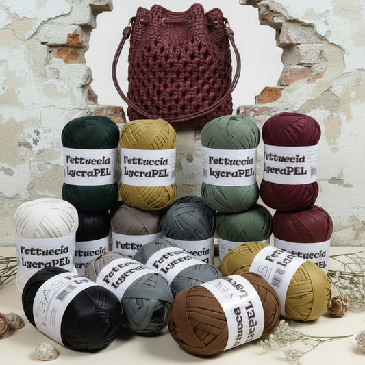 gomitolo MAS lycraPel fettuccia ecopelle avio oro senape, grigio medio, nero, marrone-bordeaux, verde olivo, panna, beige uso cordino per borse uncinetto abbigliamento moda rivestire manici realizzare pochette clutch bags