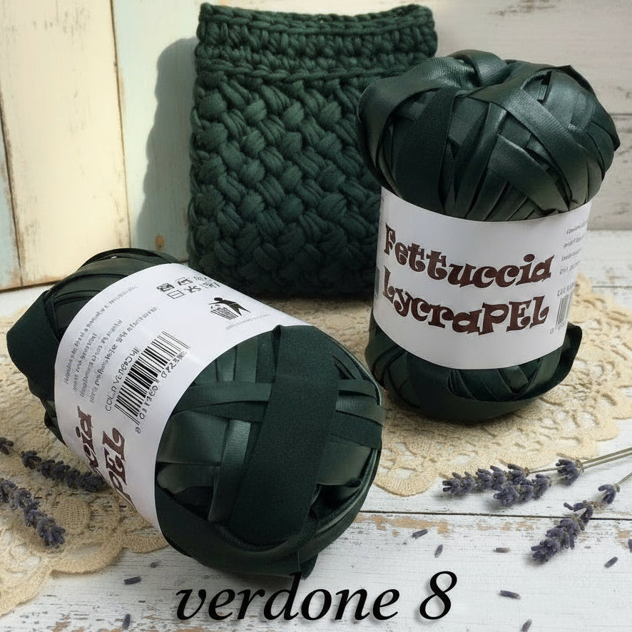 gomitolo MAS lycraPel fettuccia ecopelle verdone uso cordino per borse uncinetto abbigliamento moda rivestire manici realizzare pochette clutch bags