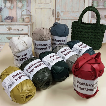 gomitolo MAS lycraPel fettuccia ecopelle avio oro senape, grigio medio, rosso ciliegia, verde olivo, panna, beige uso cordino per borse uncinetto abbigliamento moda rivestire manici realizzare pochette clutch bags