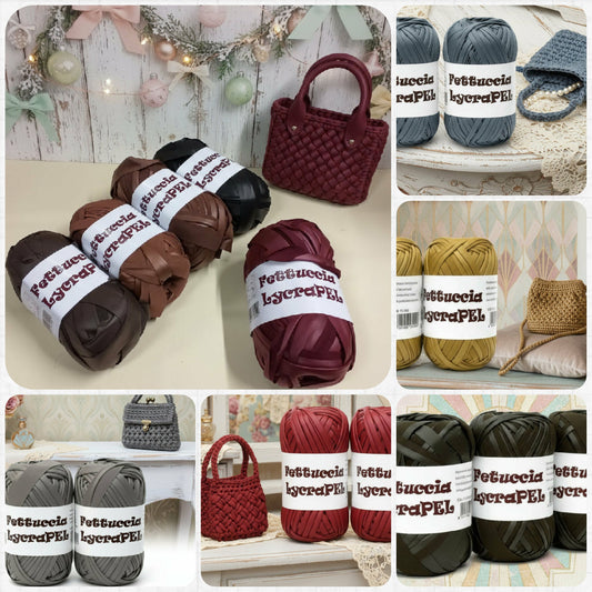 gomitolo MAS lycraPel fettuccia ecopelle marrone testa di moro bordeaux nero marrone chiaro scuro avio oro senape, grigio medio, rosso ciliegia, verde olivo, uso cordino per borse uncinetto abbigliamento moda rivestire manici realizzare pochette clutch bags