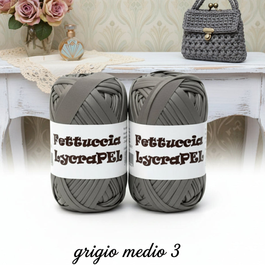 grigio medio 3 gomitolo MAS lycraPel fettuccia ecopelle uso cordino per borse uncinetto abbigliamento moda rivestire manici realizzare pochette clutch bags
