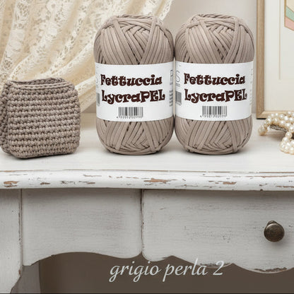 grigio perla 2  gomitolo MAS lycraPel fettuccia ecopelle uso cordino per borse uncinetto abbigliamento moda rivestire manici realizzare pochette clutch bags