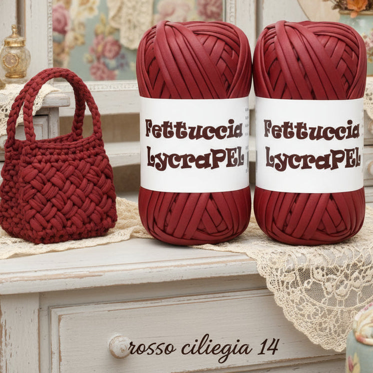 rosso ciliegia 14 gomitolo MAS lycraPel fettuccia ecopelle uso cordino per borse uncinetto abbigliamento moda rivestire manici realizzare pochette clutch bags