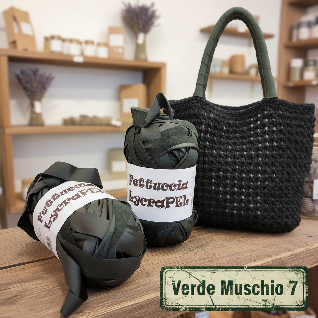 verde muschio 7 gomitolo MAS lycraPel fettuccia ecopelle uso cordino per borse uncinetto abbigliamento moda rivestire manici realizzare pochette clutch bags