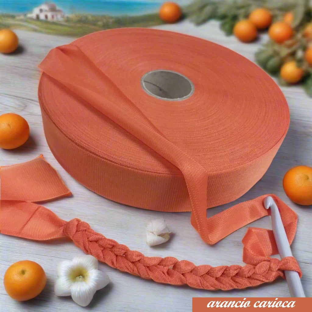 arancio carioca shop offerta vendita fettuccia stafil maglina jersey poliammide lycra soft-elastica moda estivi 2025 alta pizza larga piatta 4 cm uso borse uncinetto clutch bags crochet amigurumi cestini sacca mare