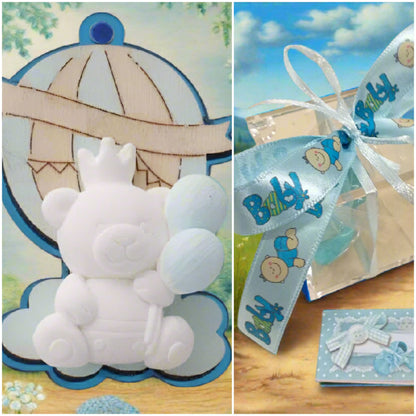 baby boy bebè azzurro blu bimbo maschietto legnetti applicazioni tema orsetto magnete calamita mongolfiera palloncini gessetti da confezionare bomboniere nascita Battesimo scatolina cubetto bigliettino