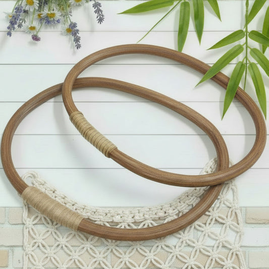 coppia manici marrone scuro di rattan bambù ovali piccoli per applicazione borse uncinetto corda sacca shopping bag cestino