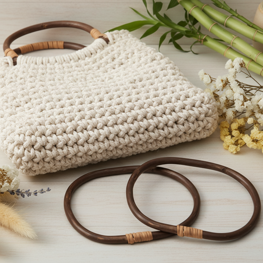 coppia manici marrone scuro di rattan bambù ovali piccoli per applicazione borse uncinetto corda estive sacca mare shopping bag cestino