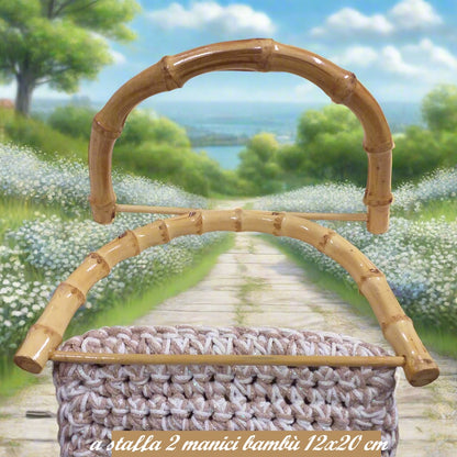 modello staffa arco mezzaluna semicerchio con bacchetta materiale bamboo bambù coppia manici maniglie per borse spiaggia mare di cordino fettuccia uncinetto juta tessuto stoffa artigianali fatte a mano