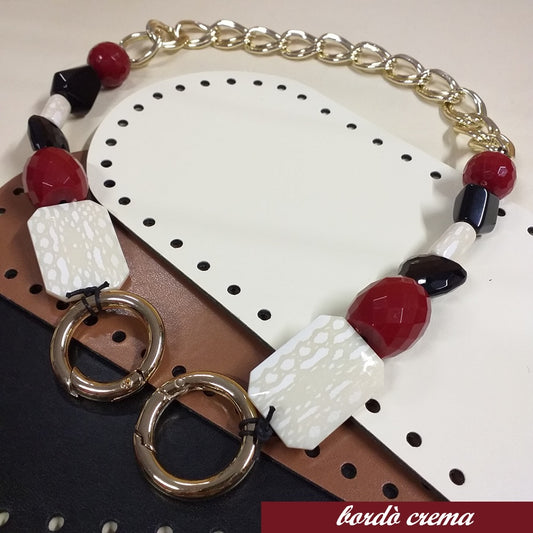 bordò crema maniglia bijoux manici perle vetro pietre catena metallica dorata moschettoni anelloni apribili rotondi creare borse artigianali fai da te uncinetto accessori fettuccia corda macramè fondi ecopelle
