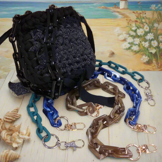 ottanio blu corno manici catena resina con moschettoni per borsa lurex di fettuccia o cordino, tracolla pratica per maniglie
