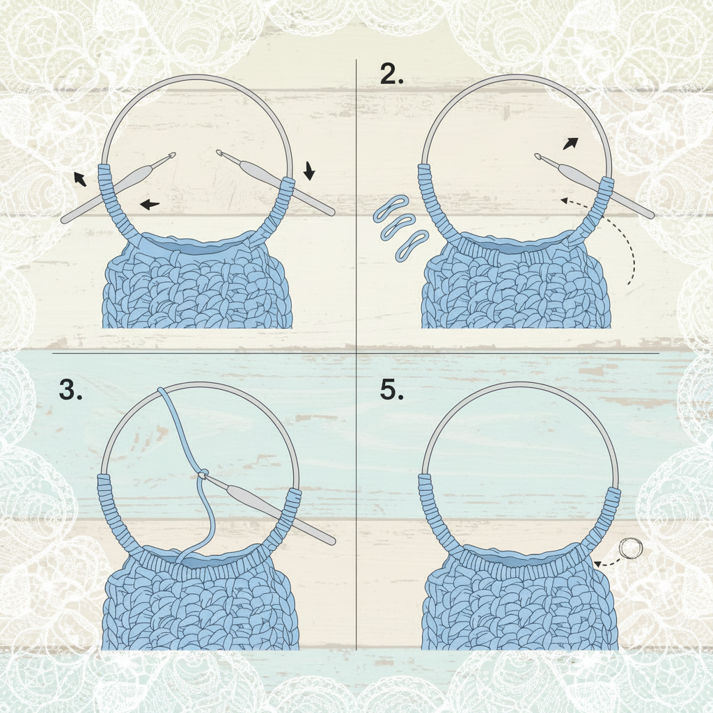 come attaccare manici cerchio rotondi di metallo ad una borsa uncinetto di fettuccia con punto spighetta