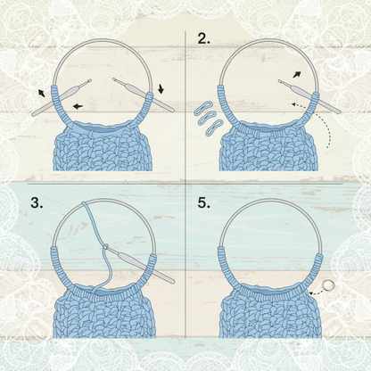 come attaccare manici cerchio rotondi di metallo ad una borsa uncinetto di fettuccia con punto spighetta