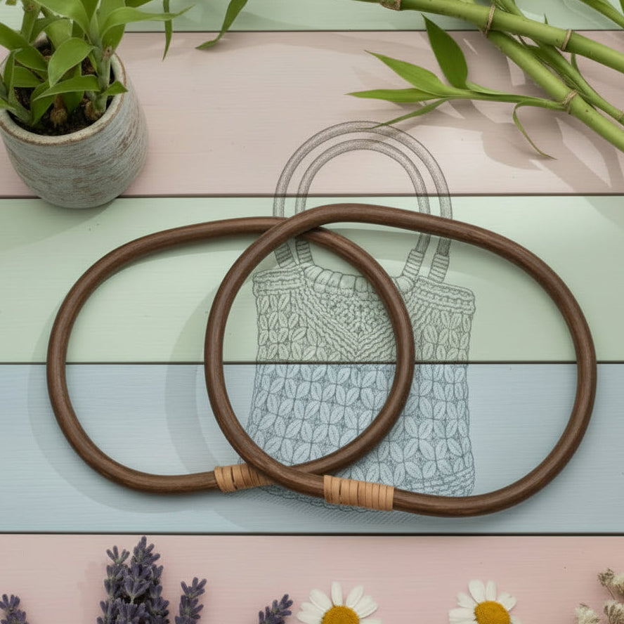 coppia manici marrone scuro di rattan bambù ovali grandi per applicazione borse uncinetto corda estive sacca mare shopping bag cestino