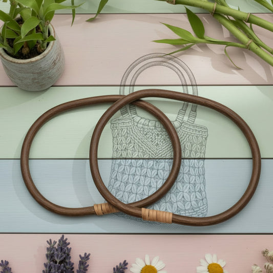 coppia manici marrone scuro di rattan bambù ovali grandi per applicazione borse uncinetto corda estive sacca mare shopping bag cestino