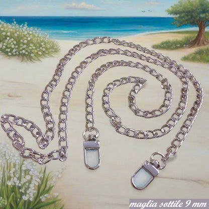 maglia sottile 9 mm colore argento catenella manici tracolla catene borse uncinetto per pochette clutch bags bustine di tessuto stoffa corda fettuccia con moschettoni finali