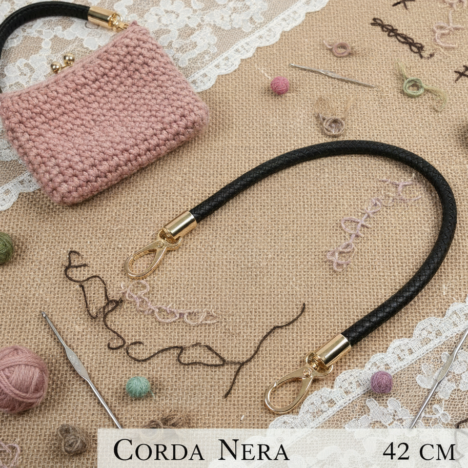 42 cm colore nero manico ecopelle corda intrecciata con attacchi finali moschettoni per borse artigianali uncinetto pochette di stoffa tessuto ricamato clutch bags estive moda mare shopper di paglia rafia cordino