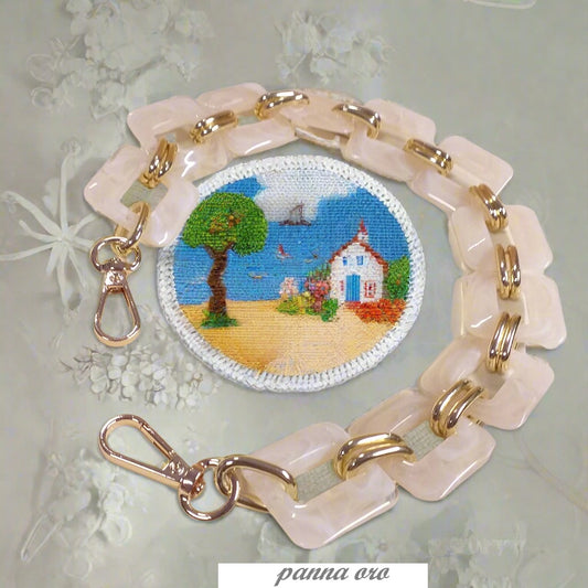 colore panna oro manico particolare di resina acrilica plastica catena decorativa per borsa a spalla uncinetto artigianale fatta a mano di fettuccia corda particolare con moschettoni anelli ganci finali
