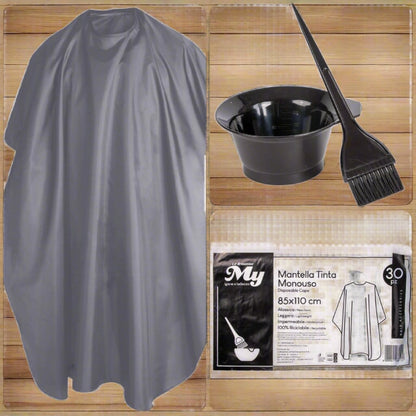 kit fai da te taglio tintura capelli in casa uso professionale parrucchiere mantella grigia ciotola pennello lotto 30 mantelline monouso per tinta colorazione meches colpi di luce