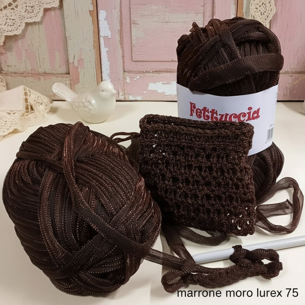 marrone oro lurex fettuccia Netlux filato di tulle glitter per borse uncinetto cappelli maglie abbigliamento moda shopper clutch bags colori fashion natale capodanno da sera pochette