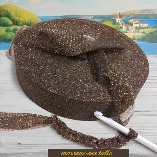 lustrini tulle marrone cioccolato oro vetrina feste matrimonio lurex lamè fettuccia lycra elasticizzata glitterata brillantinata per uncinetto borse cestini packaging regalo eleganti borsette clutch bags