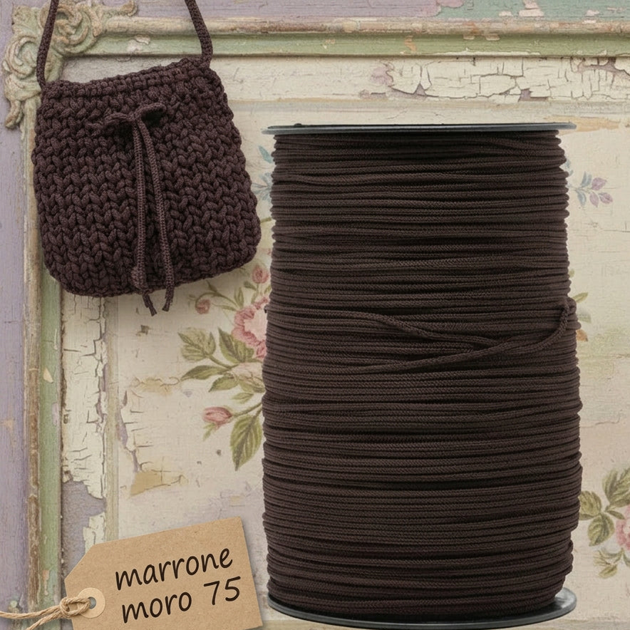 marrone scuro testa di moro 75 MAS rocca 500 grammi thai sintetico cordino borse uncinetto tripolino cordoncino colori autunnali per progetti crochet bags amigurumi pochette borsette da sera