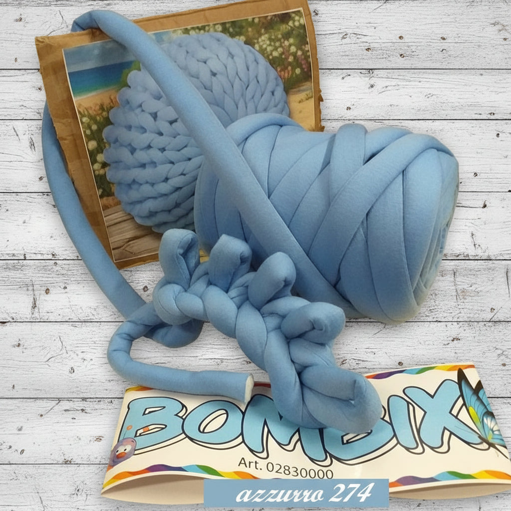 azzurro 274 Bombix Cucirini Tre Stelle fettuccia ripiena marshmallow filato borse gigante grosso spesso imbottito chunky bags tubolare intrecciare a mano senza uncinetto pochette shopper ghirlanda fuoriporta cuscino tappeto coperta