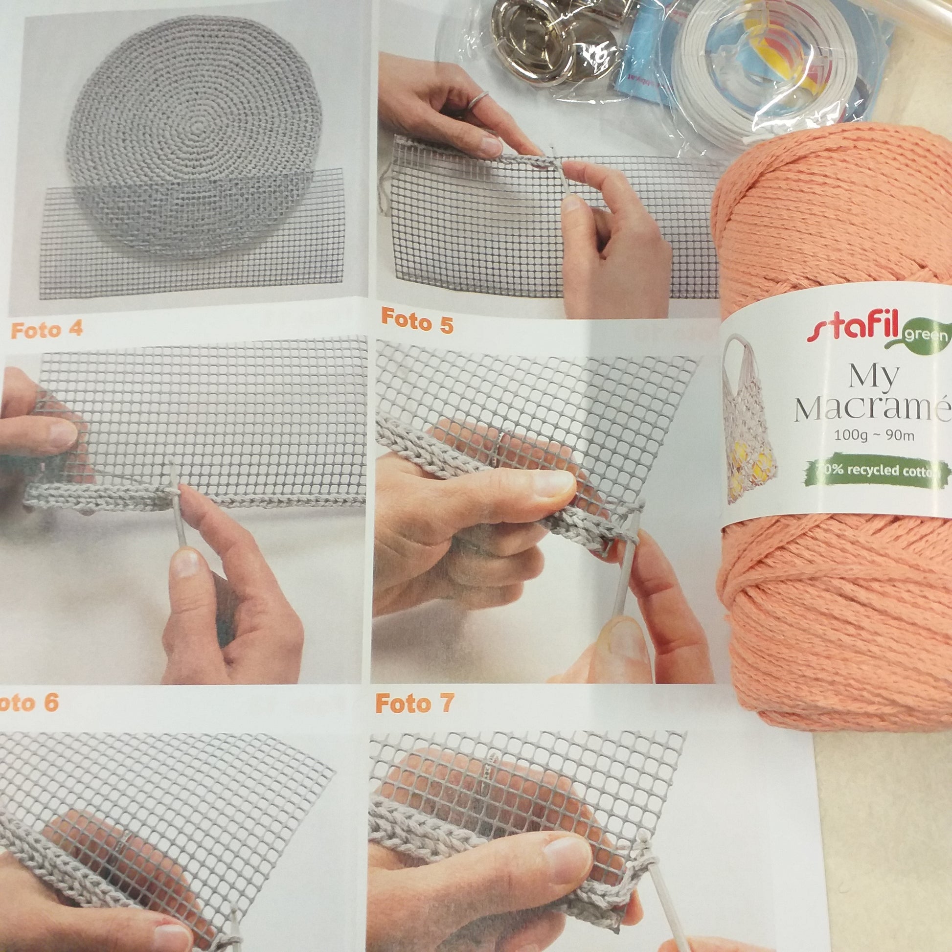 step by step foto tutorial kit giorgia bag stafil diy color set rosa pesca per creare fai da te borse uncinetto forma marsupio tracolla set cordino e accessori macramè cordoncino chiusura rettangolare anelloni di minuteria