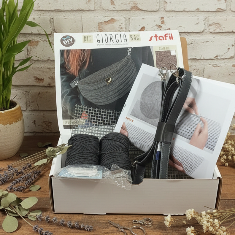 kit giorgia bag stafil diy color set grigio scuro antracite per creare fai da te borse uncinetto forma marsupio tracolla set cordino e accessori macramè cordoncino chiusura rettangolare anelloni di minuteria