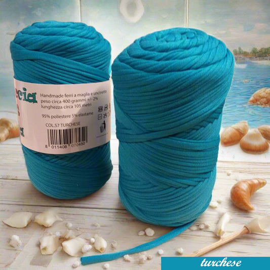 turchese lycra soft fettuccia borse uncinetto merceria mas PL4000 poliestere con elastane morbida uso crochet pochette clutch bags borse abbigliamento moda shopper cestini 