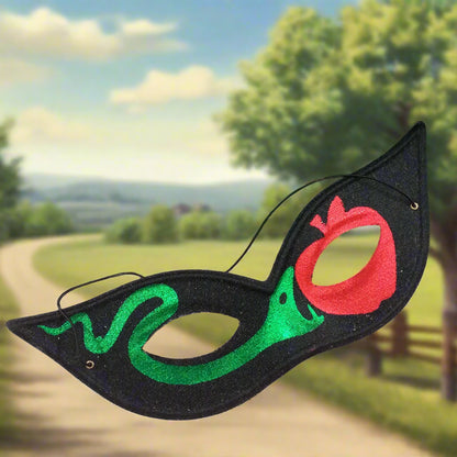 serpente verde mela rosso fondo nero maschera costume carnevale adulti per occhi nera con elastico modello farfalla