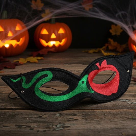 serpente verde mela rosso fondo nero maschera costume carnevale adulti per occhi nera con elastico modello farfalla