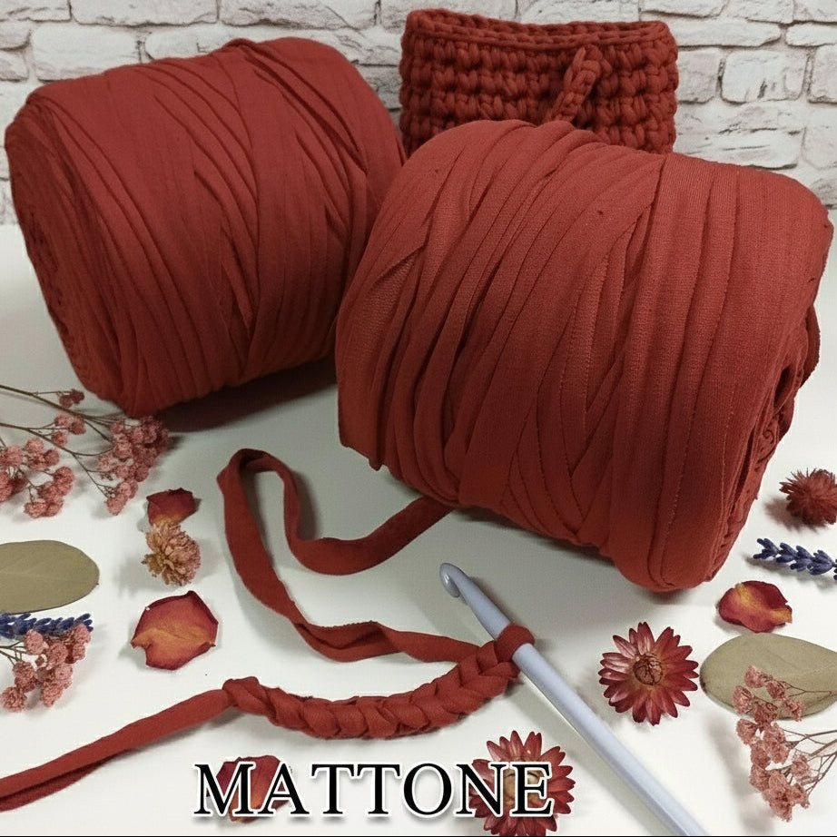 colore mattone 119911 stafil t-shirt garn stretch yarn fettuccia elasticizzata maglina cotone noodles per uncinetto borse crochet bags clutch cestini tappeti cuscini collane braccialetti ceste porta enfant scaldacollo natale