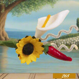 segnaposto con calla nebbiolina celeste girasole peperoncino composizioni pasquali miste artificiali per decorazioni hobbistica bomboniere fai da te packaging confezionamento regali chiudipacco pasticceria