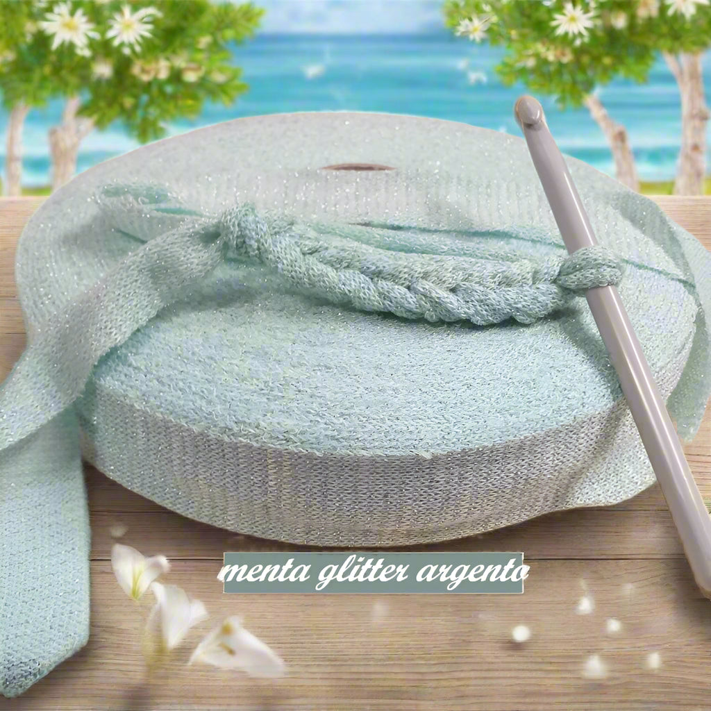 menta glitter argento lustrini lurex lamè fettuccia lycra elasticizzata glitterata brillantinata per uncinetto borse cestini packaging regalo eleganti borsette clutch bags