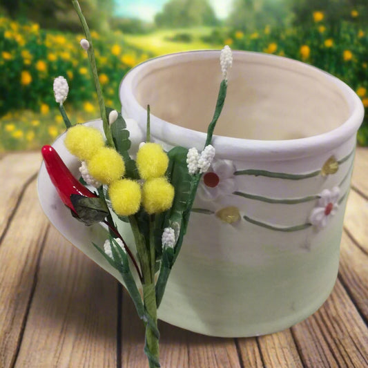 segnaposto mazzetto mazzolino pick piccolo mimosa finta artificiale confezionata con foglie boccioli pistilli peperoncino per mini bouquet festa della donna 8 marzo idea regalo