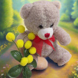 come confezionare orsetto peluche teddy bear con pick mazzolino bouquet piccolo miniatura fiori mimosa finta artificiale di ciniglia gialla pistilli foglie uso segnaposto chiudipacco regalo decorazioni fioristi festa della donna 8 marzo