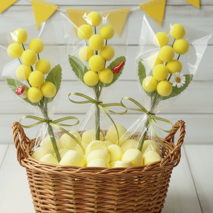 segnaposto mazzetto mazzolino pick piccolo mimosa finta artificiale confezionata con foglie boccioli pistilli peperoncino funghetto margherita per mini bouquet festa della donna 8 marzo idea regalo con cestino caramelle marshmallow