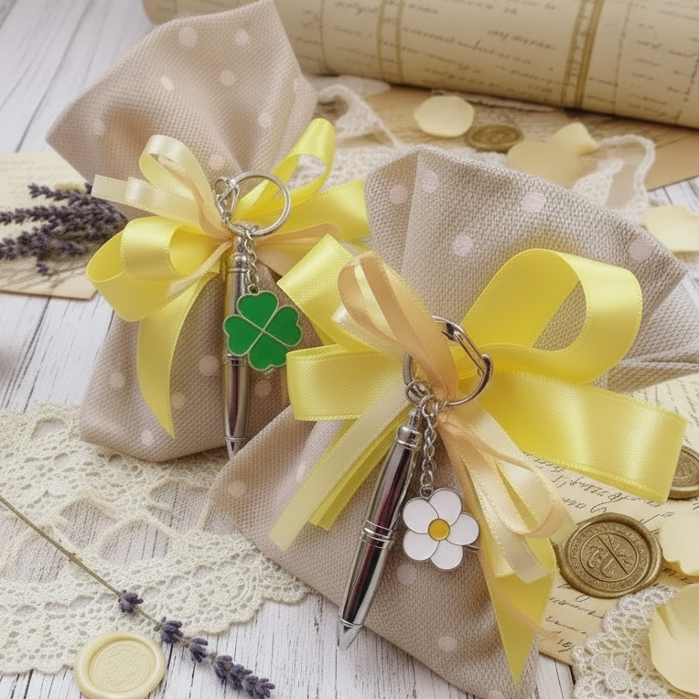 sacchettino tela rustica beige pois confezionato mini penna biro portachiavi bomboniera Comunione Cresima con fiocco coccarda nastro giallo ciondolo margherita quadrifoglio